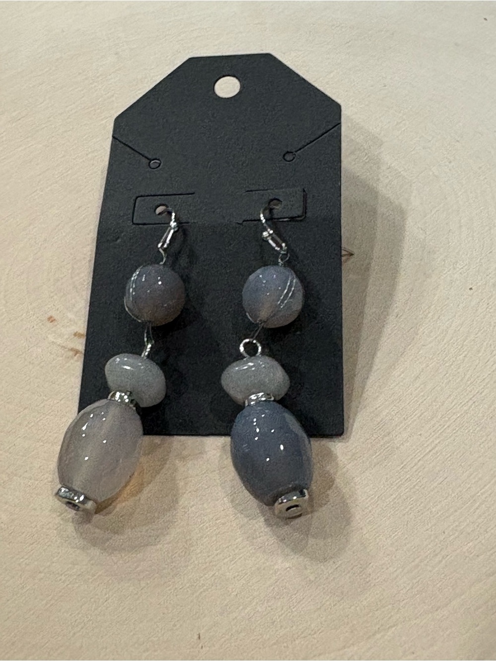 Gray beaded dangle earrings New on card Unbranded